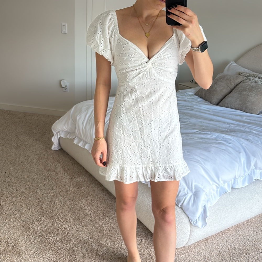 Katie j nyc white eyelet mini dress ruffle puff short sleeve knot